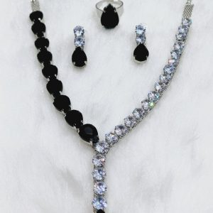 ✨ Korean BLACK glass stone drop line necklace with earrings & adjustable finger ring for girls and women ✨ - Image 3