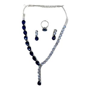 ✨ Korean BLUE glass stone drop line necklace with earrings & adjustable finger ring ✨ - Image 5