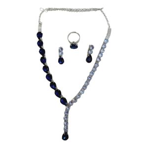 ✨ Korean BLUE glass stone drop line necklace with earrings & adjustable finger ring ✨ - Image 4