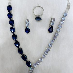 ✨ Korean BLUE glass stone drop line necklace with earrings & adjustable finger ring ✨ - Image 3