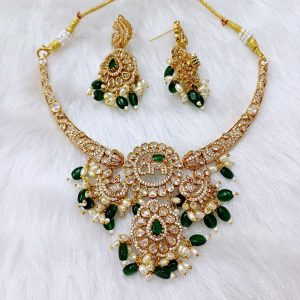 ✨ Mehndi Polish Gold Plated Semi Precious Green Stone Studded Hasli Necklace Set ✨ - Image 3