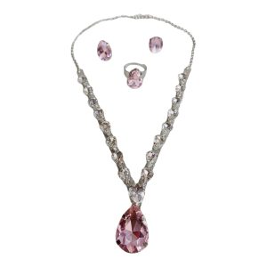 ✨ Korean Pink glass stone necklace with stud earrings & adjustable finger ring ✨ - Image 6