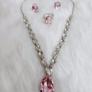 ✨ Korean Pink glass stone necklace with stud earrings & adjustable finger ring ✨ - Image 5