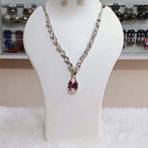 ✨ Korean Pink glass stone necklace with stud earrings & adjustable finger ring ✨ - Image 4