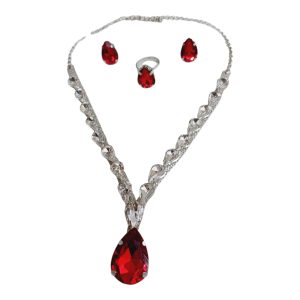 ✨ Korean RED glass stone necklace with stud earrings & adjustable finger ring ✨ - Image 5