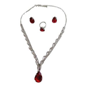 ✨ Korean RED glass stone necklace with stud earrings & adjustable finger ring ✨ - Image 4