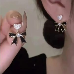 ✨ Korean Black Ribbon Bow with Silver Stud Dangle Earrings for Girls & Women ✨ - Image 3