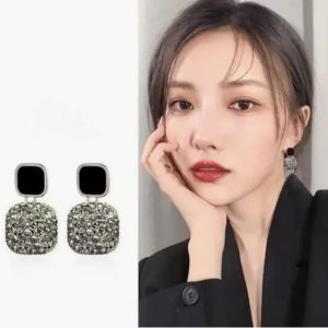 ✨ Korean Silver Toned Black Square Stud With Zirconia Dangle Earrings for Girls & Women ✨ - Image 4